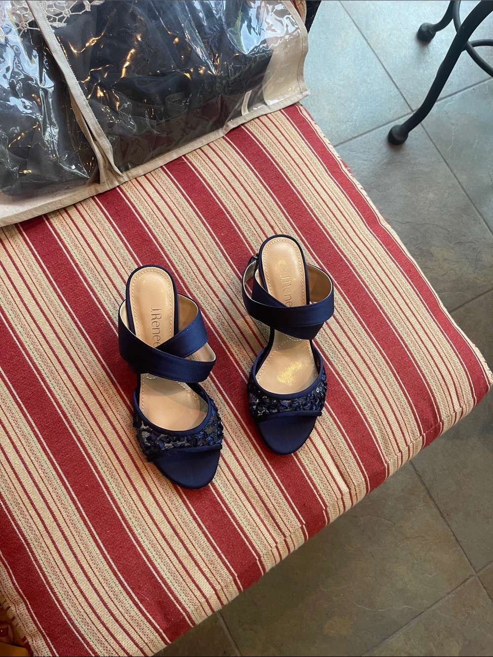 J.Renee Navy Satin Beaded Crisscross Heels